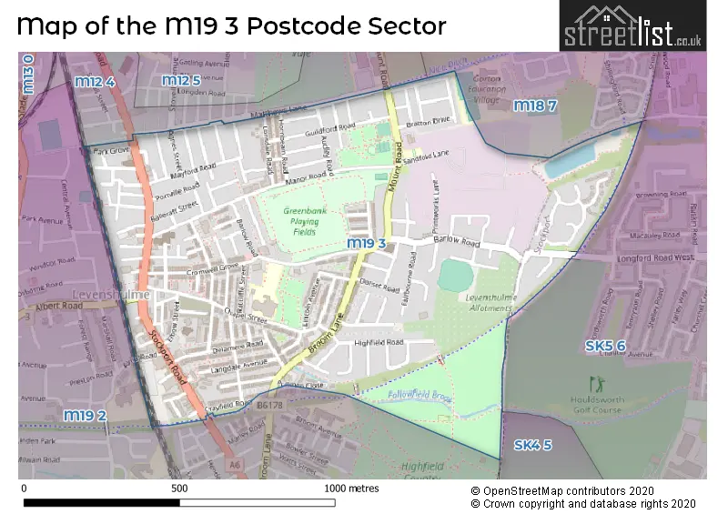 Map of the M19 3 and surrounding postcode sector