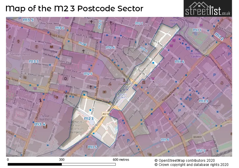 Map of the M2 3 and surrounding postcode sector