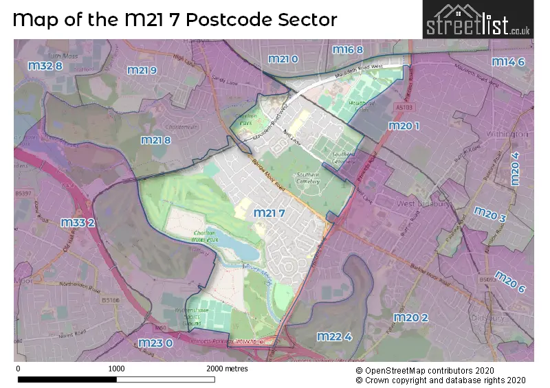 Map of the M21 7 and surrounding postcode sector