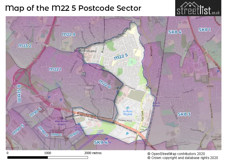 Map of the M22 5 and surrounding postcode sector