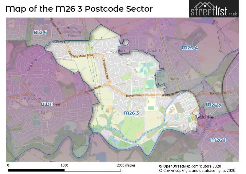 Map of the M26 3 and surrounding postcode sector