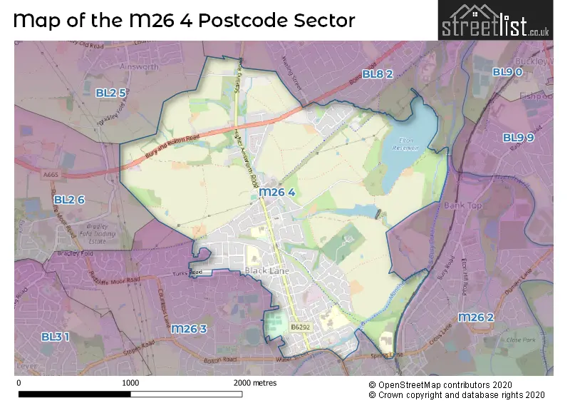 Map of the M26 4 and surrounding postcode sector