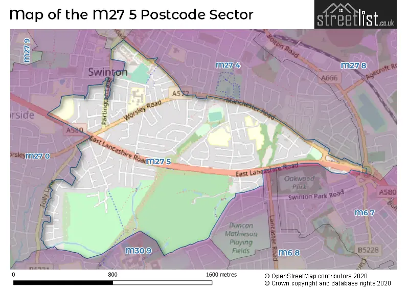 Map of the M27 5 and surrounding postcode sector