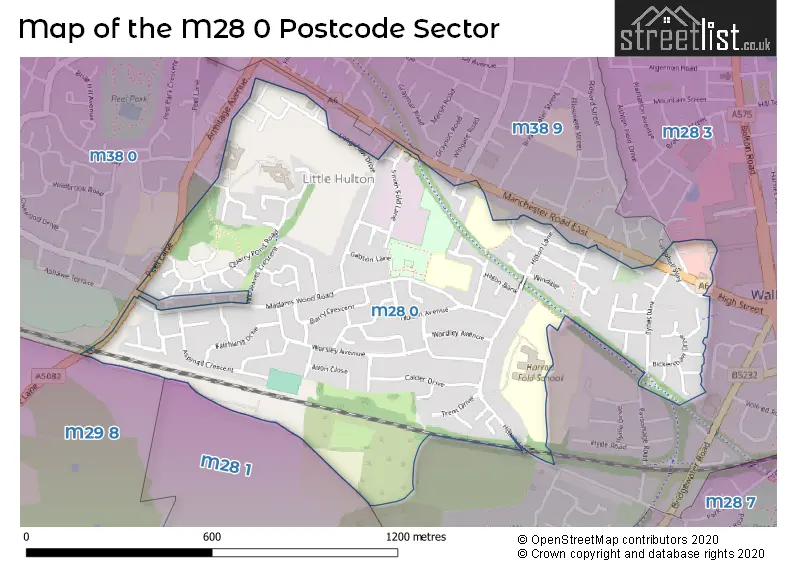 Map of the M28 0 and surrounding postcode sector