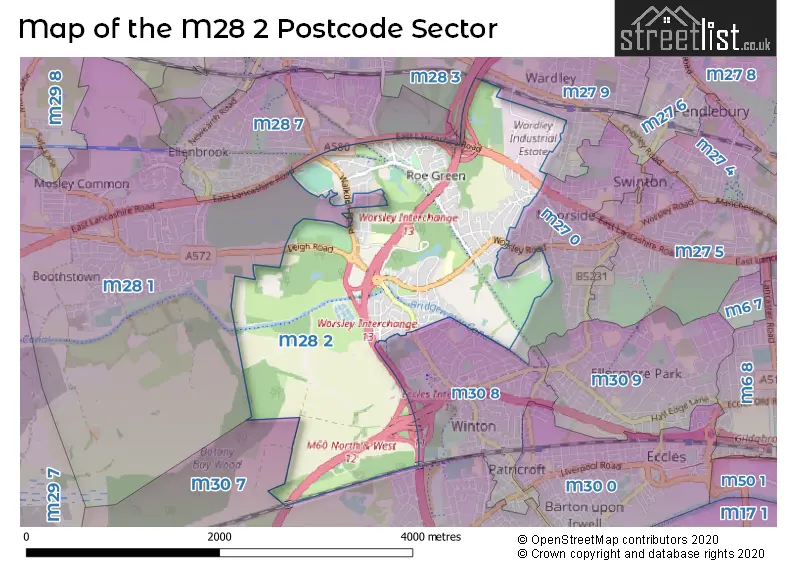 Map of the M28 2 and surrounding postcode sector