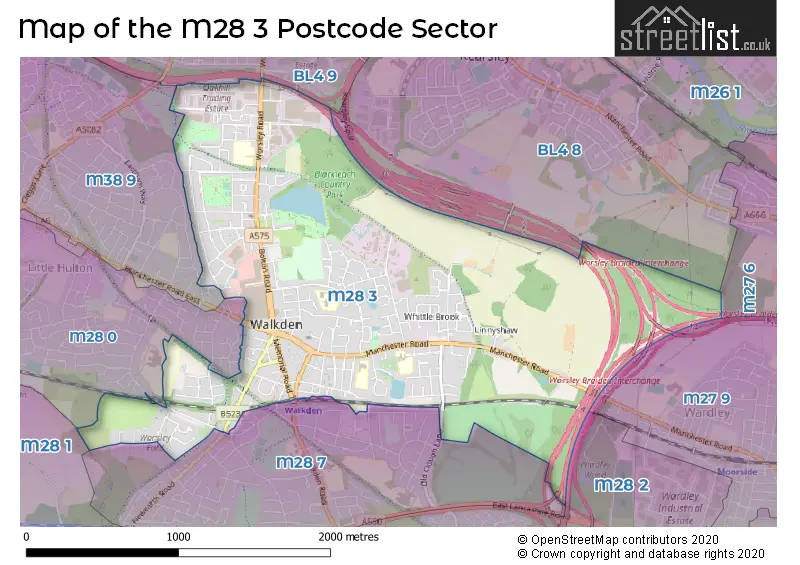 Map of the M28 3 and surrounding postcode sector