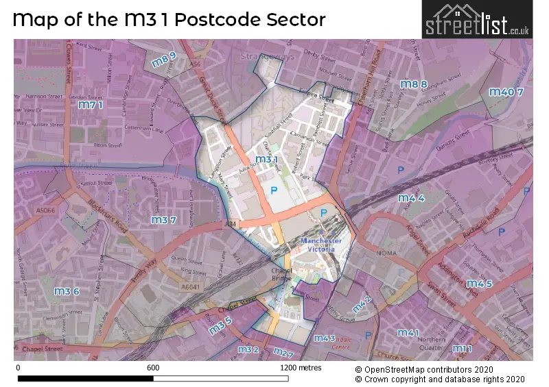 Map of the M3 1 and surrounding postcode sector