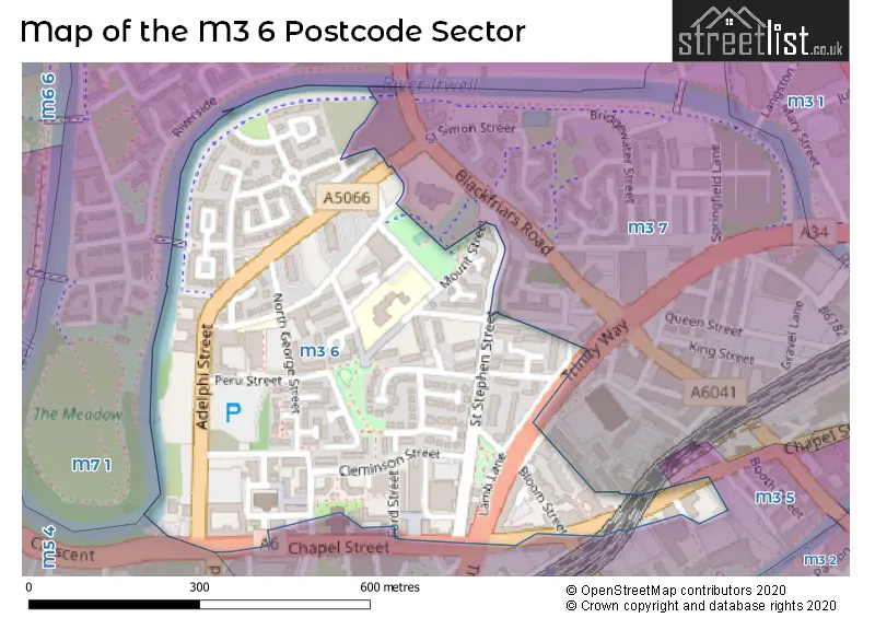 Map of the M3 6 and surrounding postcode sector