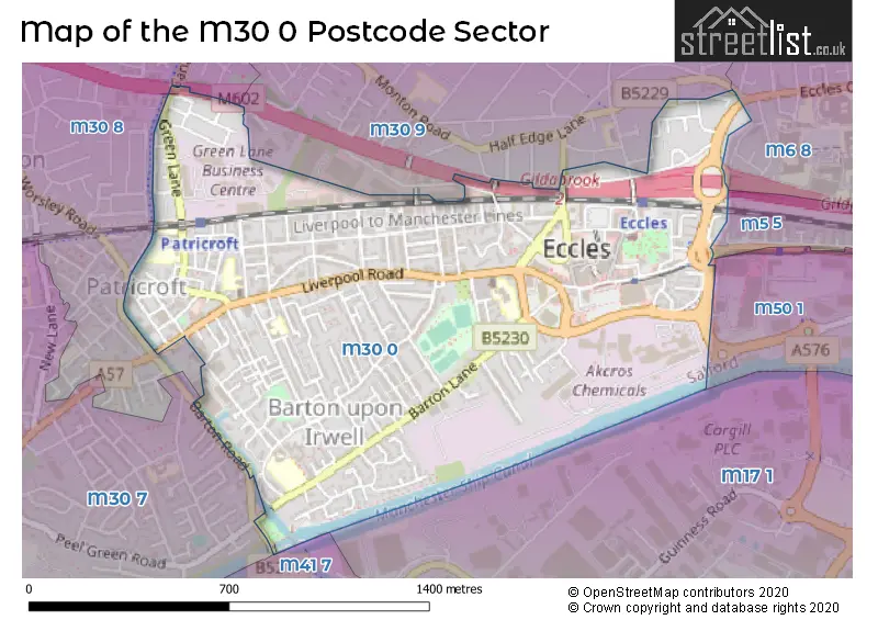Map of the M30 0 and surrounding postcode sector