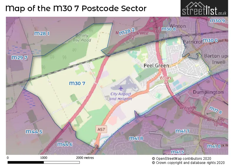 Map of the M30 7 and surrounding postcode sector