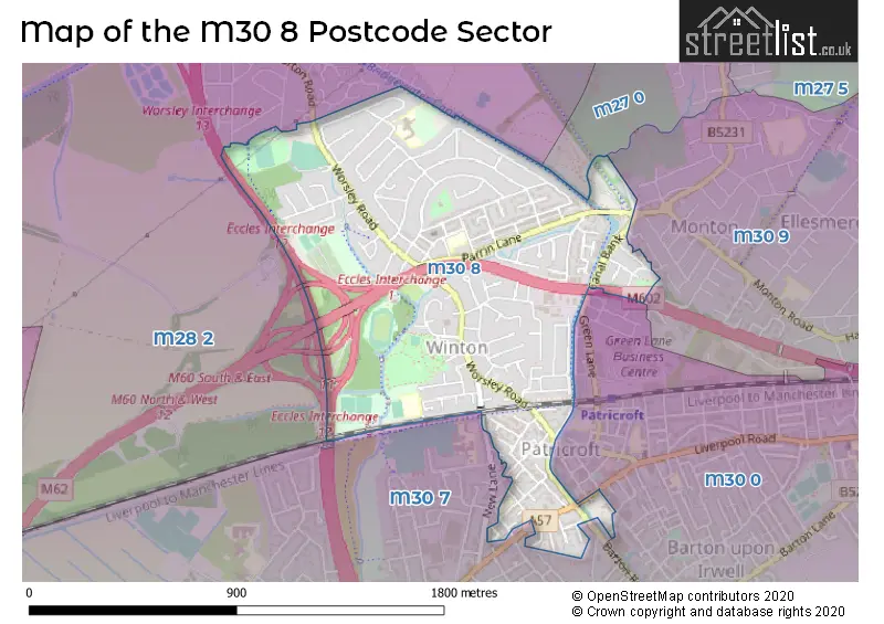 Map of the M30 8 and surrounding postcode sector