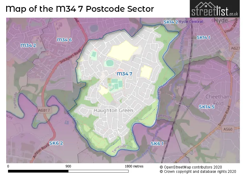 Map of the M34 7 and surrounding postcode sector