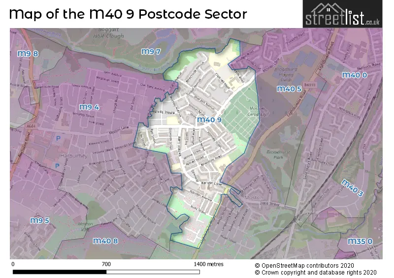 Map of the M40 9 and surrounding postcode sector