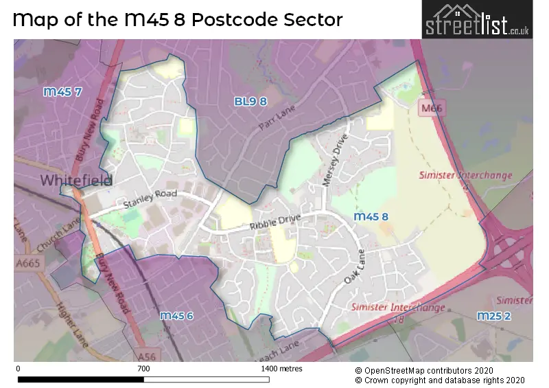 Map of the M45 8 and surrounding postcode sector