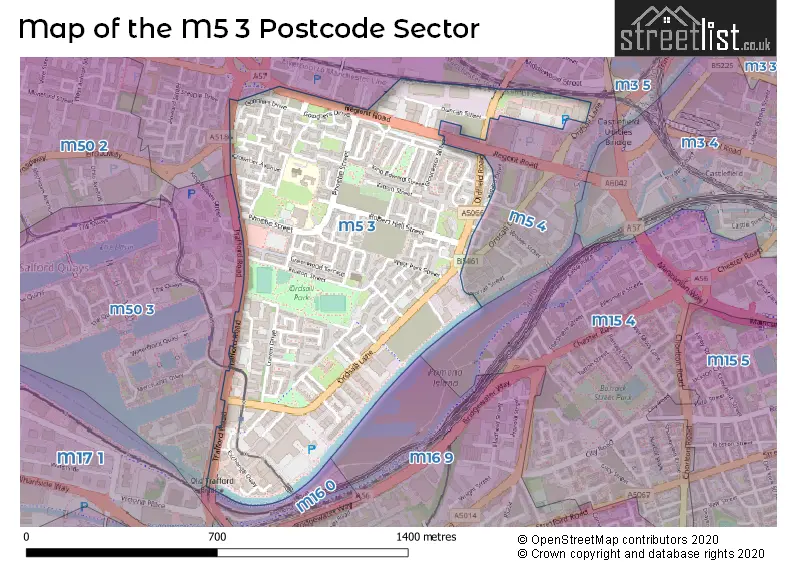 Map of the M5 3 and surrounding postcode sector