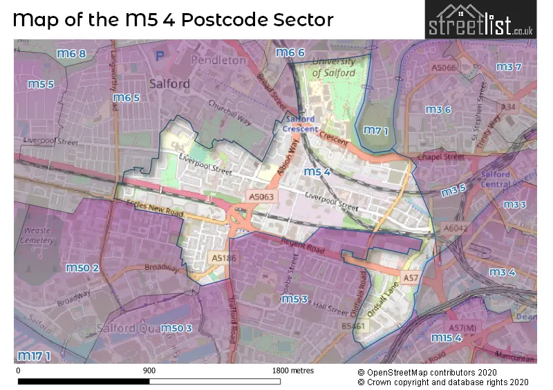 Map of the M5 4 and surrounding postcode sector