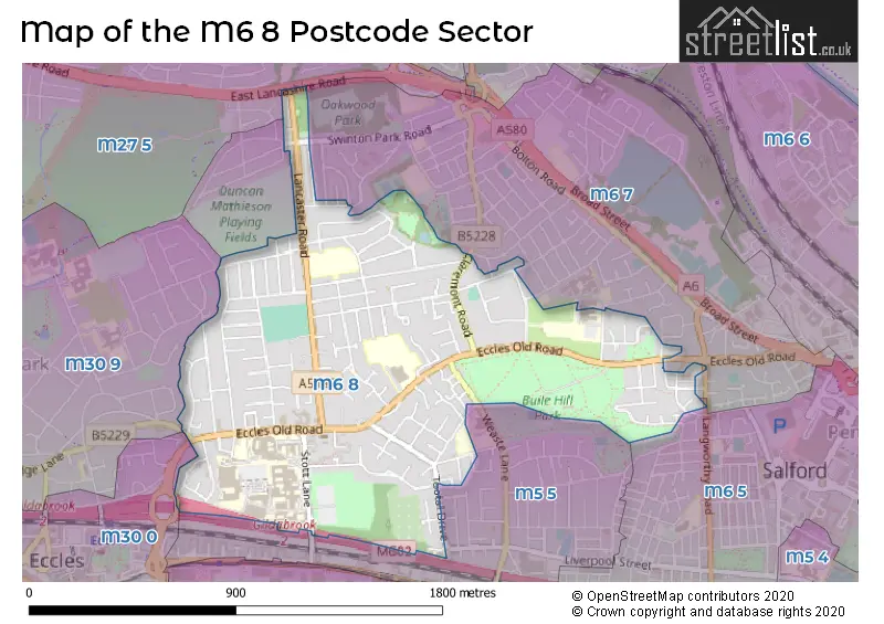 Map of the M6 8 and surrounding postcode sector