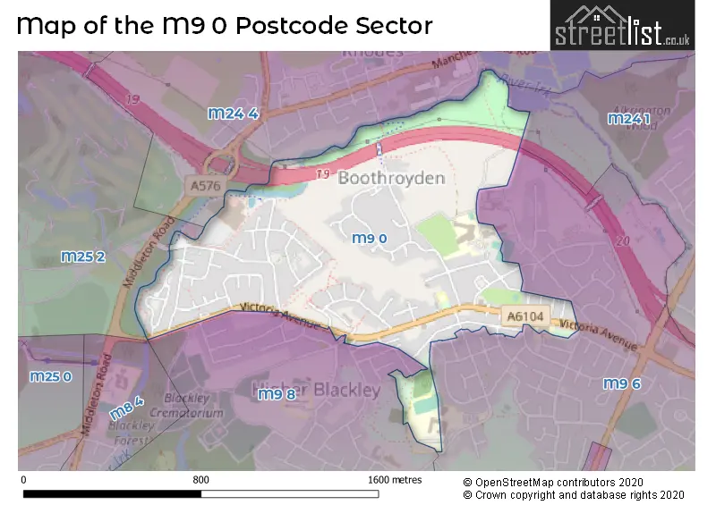 Map of the M9 0 and surrounding postcode sector