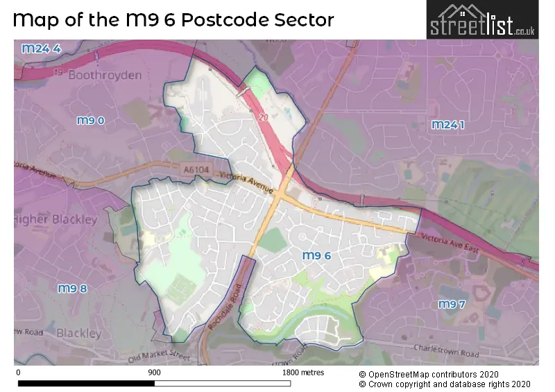 Map of the M9 6 and surrounding postcode sector