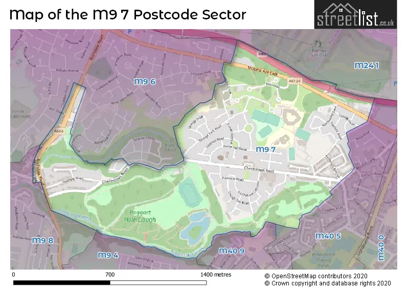 Map of the M9 7 and surrounding postcode sector