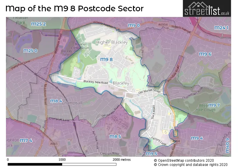 Map of the M9 8 and surrounding postcode sector