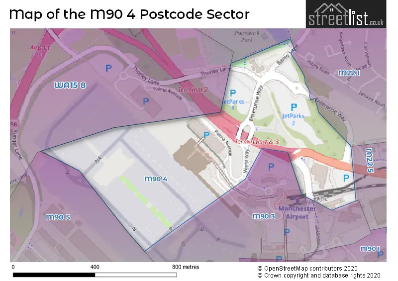 Map of the M90 4 and surrounding postcode sector