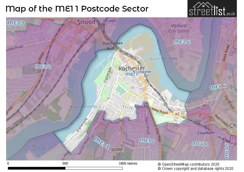 Map of the ME1 1 and surrounding postcode sector