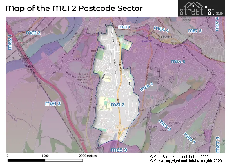 Map of the ME1 2 and surrounding postcode sector