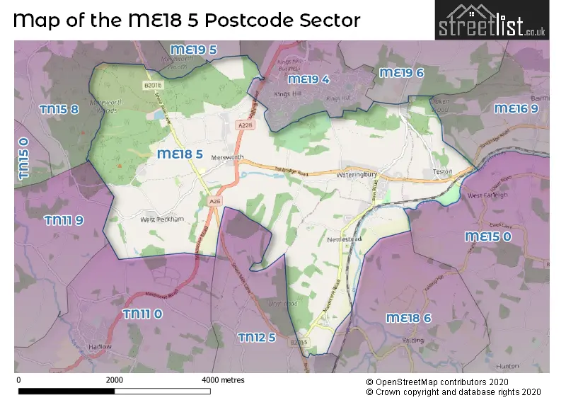 Map of the ME18 5 and surrounding postcode sector