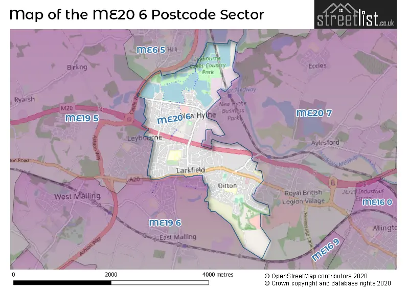 Map of the ME20 6 and surrounding postcode sector