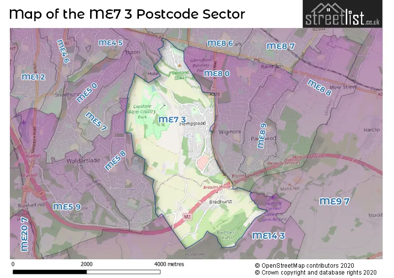 Map of the ME7 3 and surrounding postcode sector