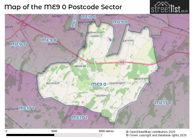 Map of the ME9 0 and surrounding postcode sector