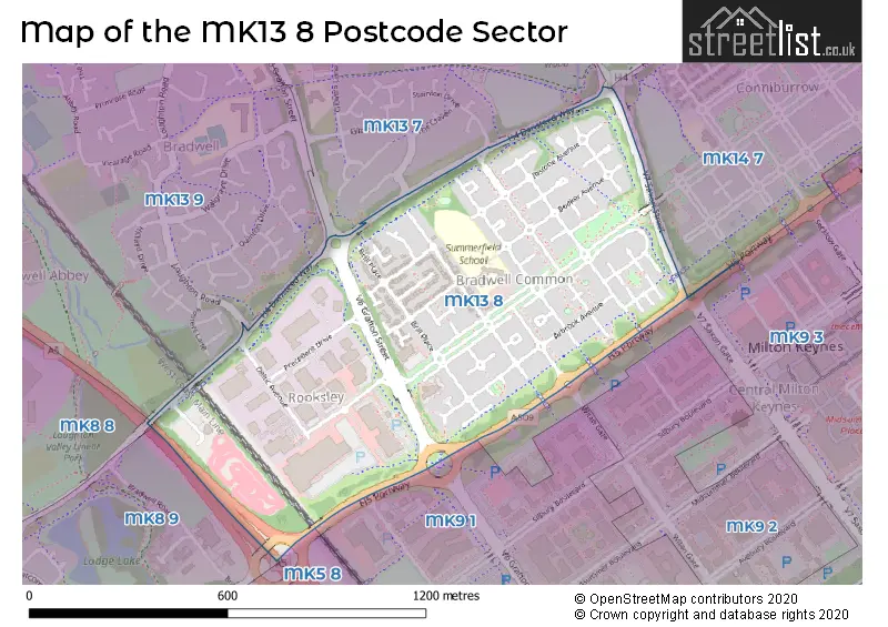 Map of the MK13 8 and surrounding postcode sector