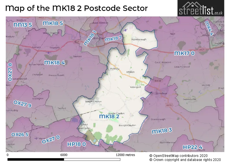 Map of the MK18 2 and surrounding postcode sector