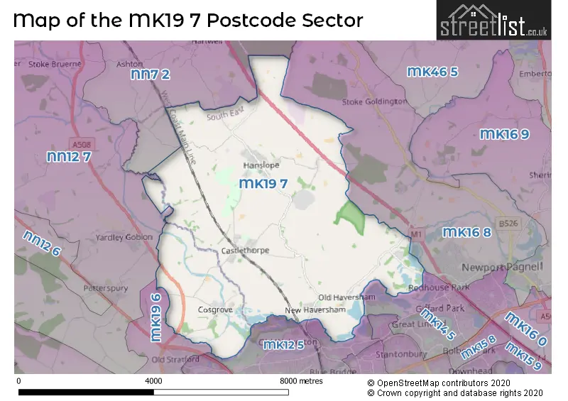 Map of the MK19 7 and surrounding postcode sector