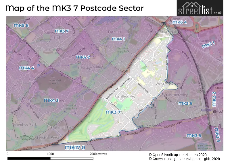 Map of the MK3 7 and surrounding postcode sector