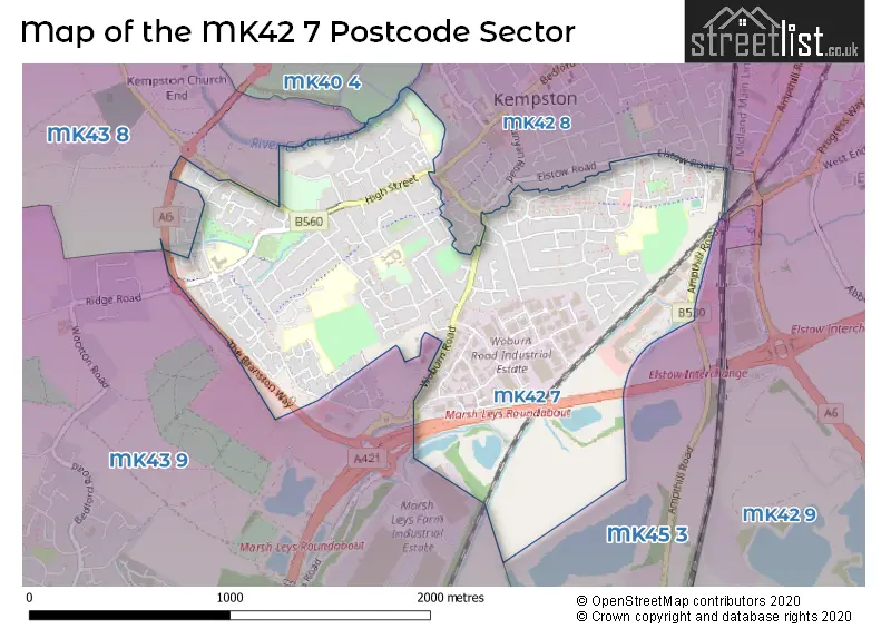 Map of the MK42 7 and surrounding postcode sector