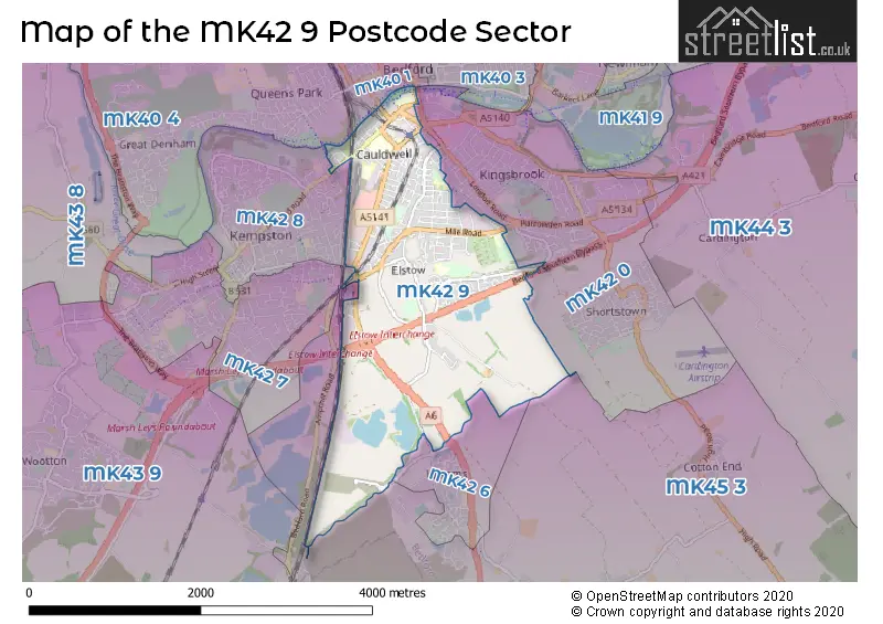 Map of the MK42 9 and surrounding postcode sector