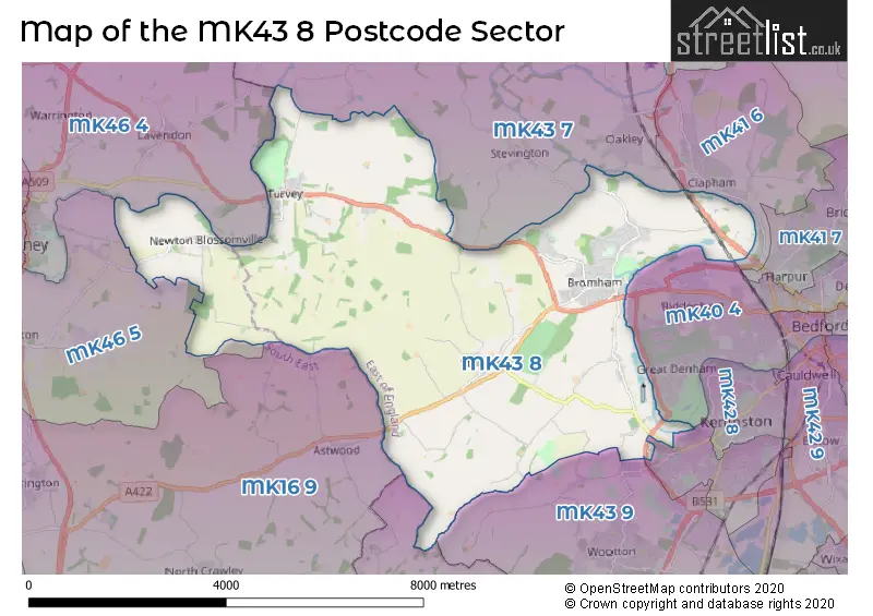 Map of the MK43 8 and surrounding postcode sector