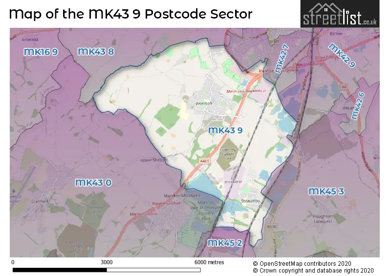 Map of the MK43 9 and surrounding postcode sector