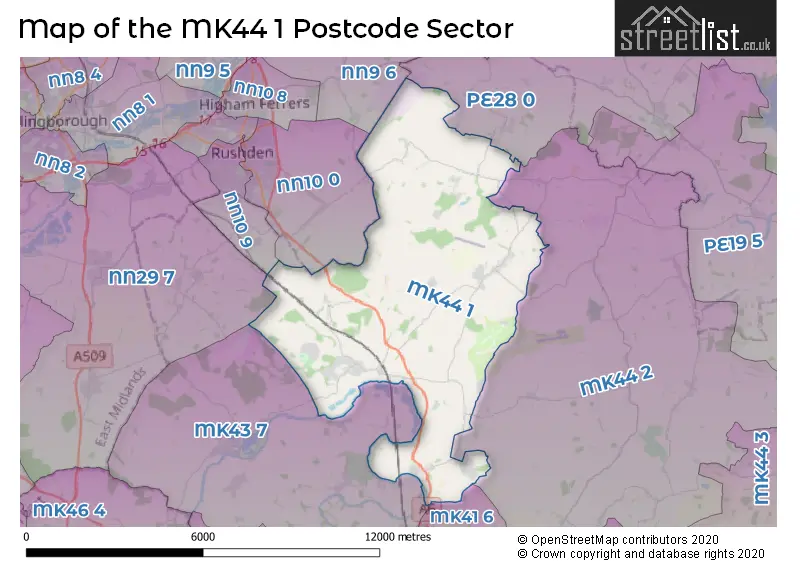 Map of the MK44 1 and surrounding postcode sector