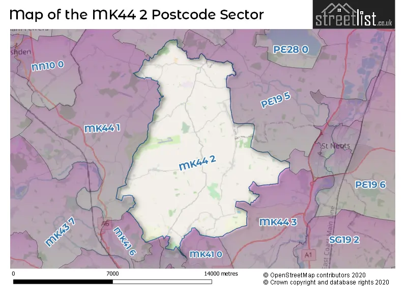 Map of the MK44 2 and surrounding postcode sector