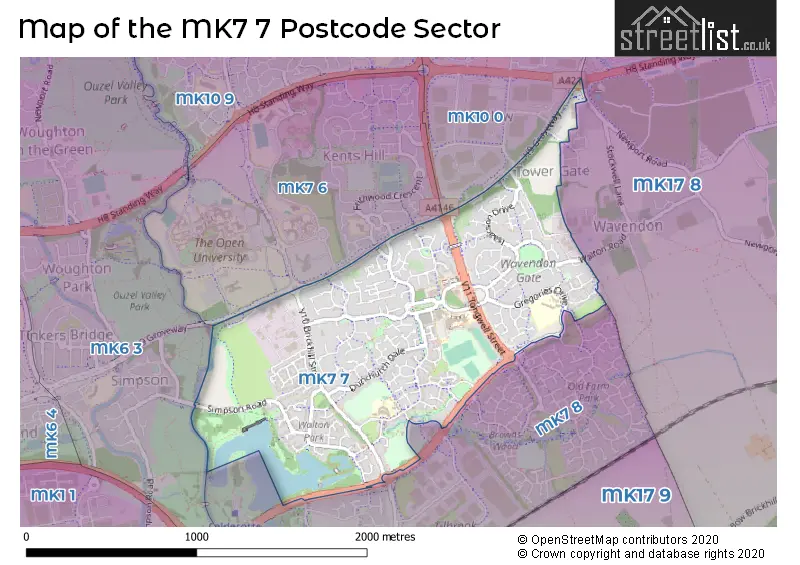 Map of the MK7 7 and surrounding postcode sector