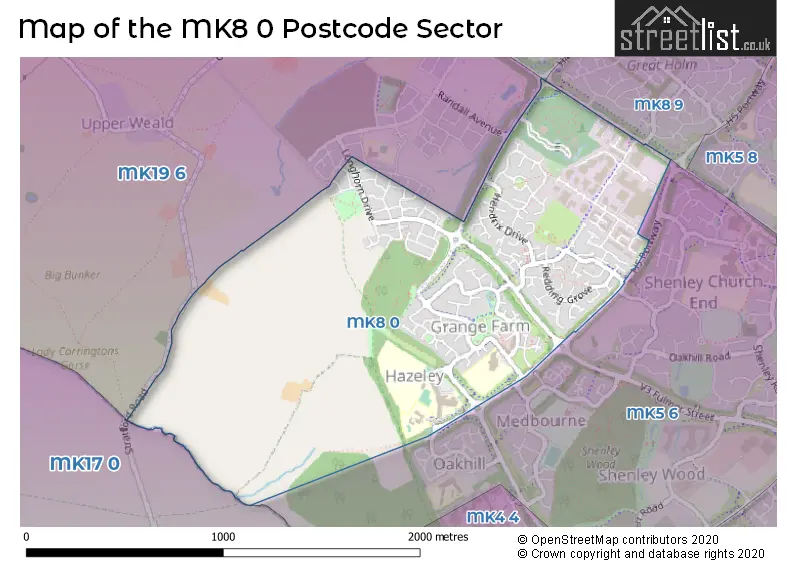 Map of the MK8 0 and surrounding postcode sector