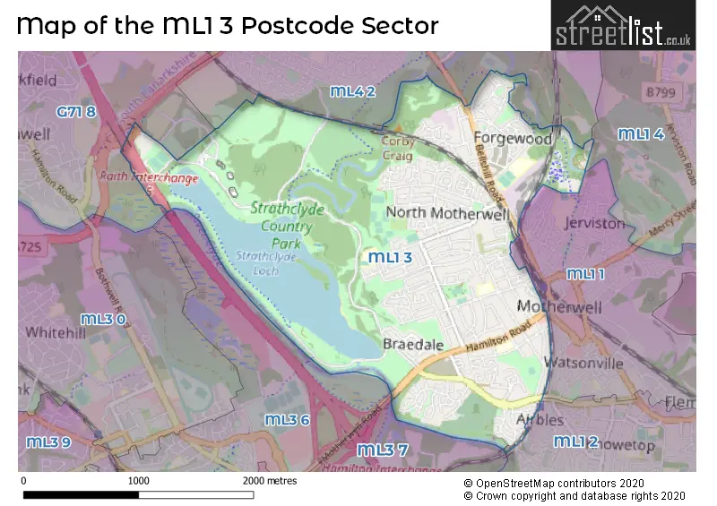 Map of the ML1 3 and surrounding postcode sector