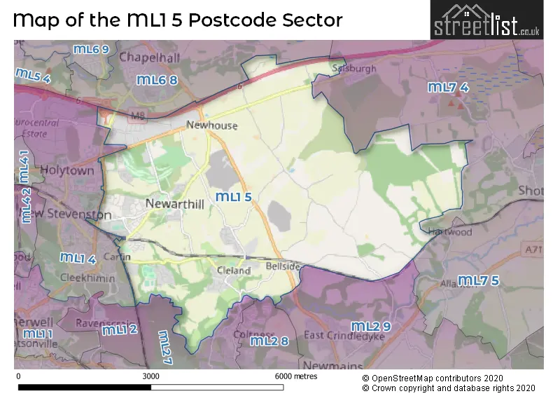 Map of the ML1 5 and surrounding postcode sector