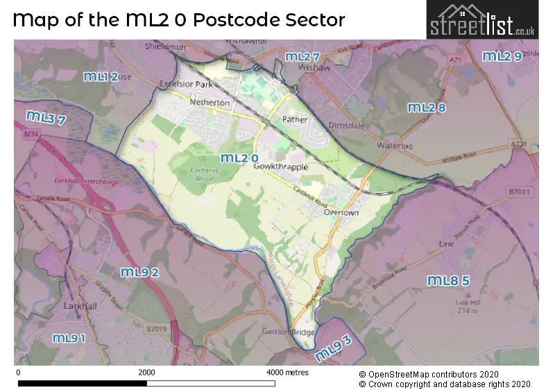 Map of the ML2 0 and surrounding postcode sector