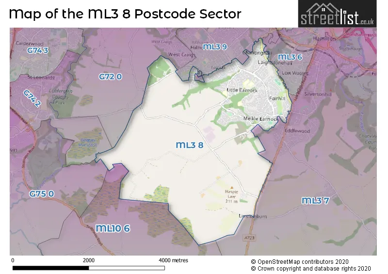 Map of the ML3 8 and surrounding postcode sector