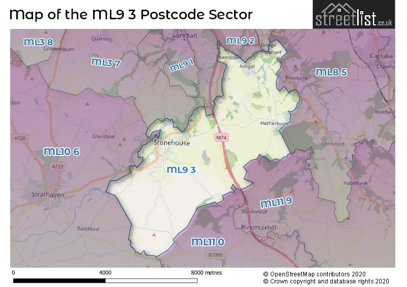 Map of the ML9 3 and surrounding postcode sector