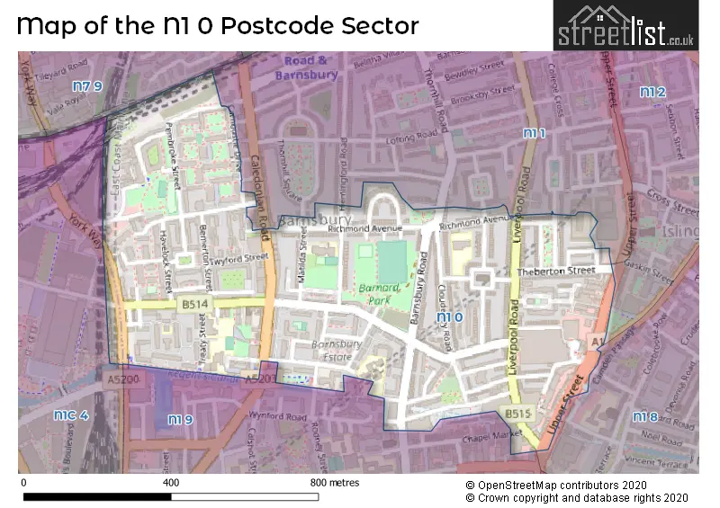 Map of the N1 0 and surrounding postcode sector